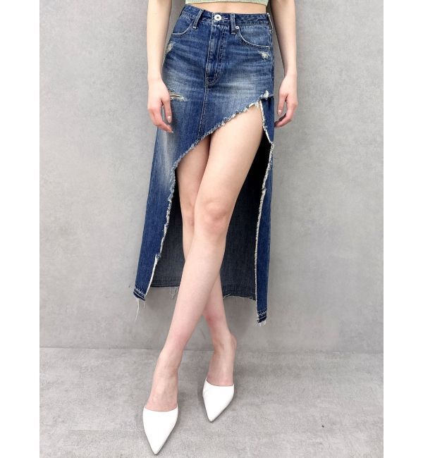 GYDA「ハイウエストレイヤードリメイクロングデニムスカートライクショートパンツ」|スカート|ブルー