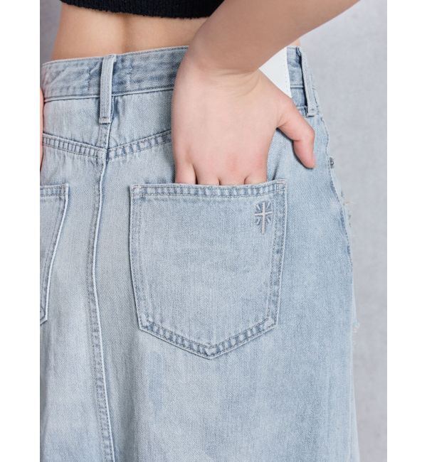 GYDA「ハイウエストレイヤードリメイクロングデニムスカートライクショートパンツ」|スカート|