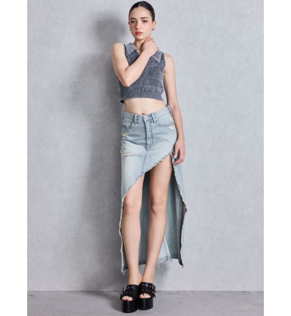 GYDA「ハイウエストレイヤードリメイクロングデニムスカートライクショートパンツ」|スカート|