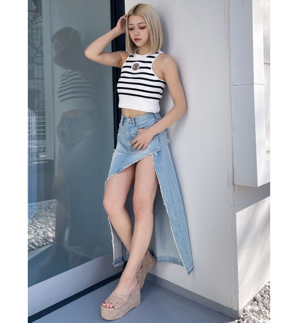 GYDA「ハイウエストレイヤードリメイクロングデニムスカートライクショートパンツ」|スカート|