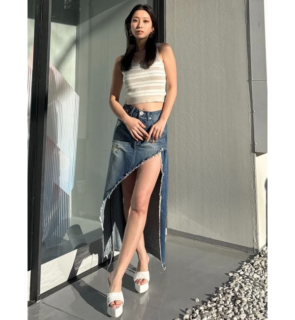 GYDA「ハイウエストレイヤードリメイクロングデニムスカートライクショートパンツ」|スカート|