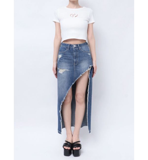 GYDA「ハイウエストレイヤードリメイクロングデニムスカートライクショートパンツ」|スカート|