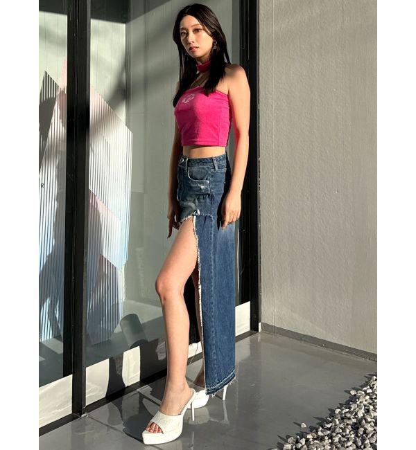 GYDA「ハイウエストレイヤードリメイクロングデニムスカートライクショートパンツ」|スカート|