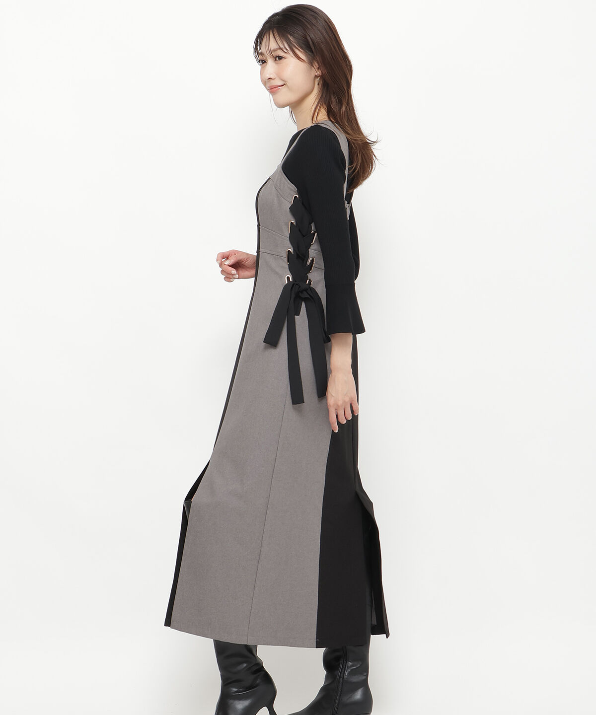 アンドクチュール「サイドリボン配色ジャンスカ」|ジャンパースカート|