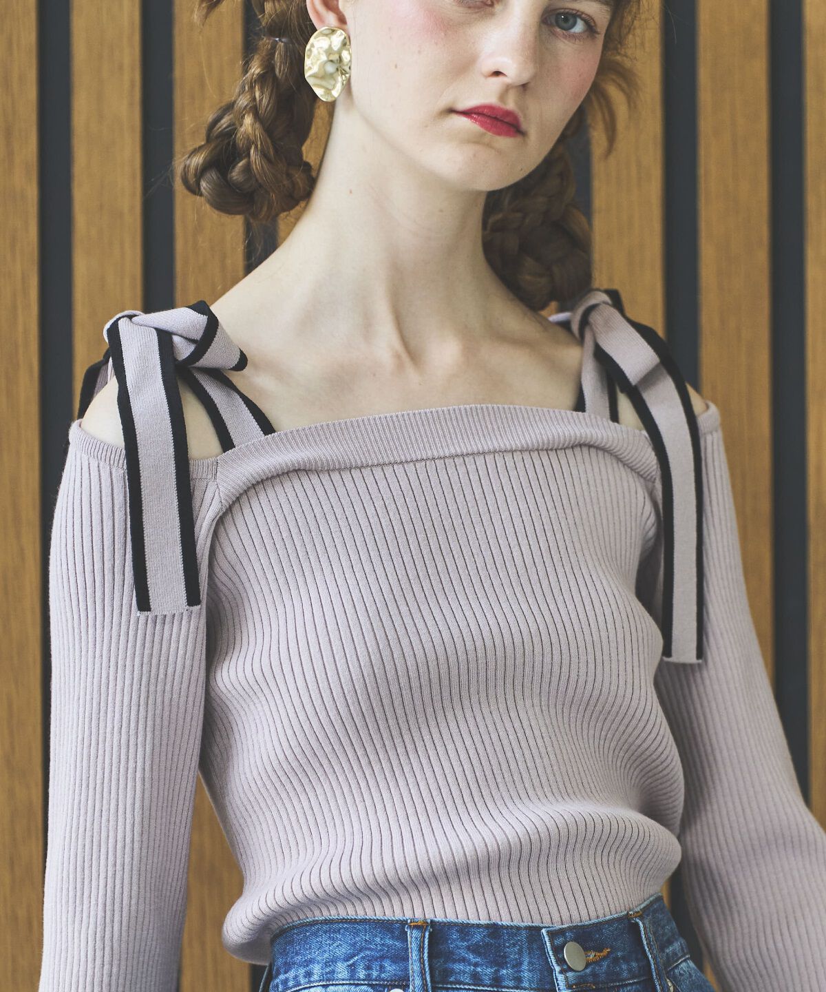 アンドクチュール「配色ショルダーリボンニットプルオーバー」|ニット・セーター|