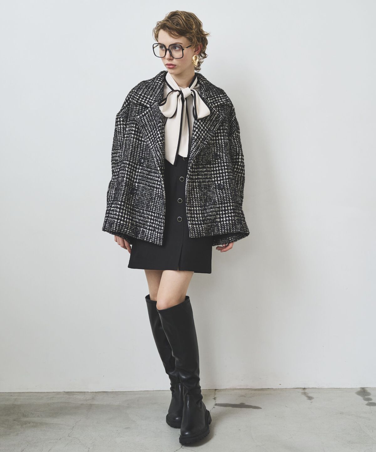 アンドクチュール「ウールグレンチェックショートコート」|ダウン|