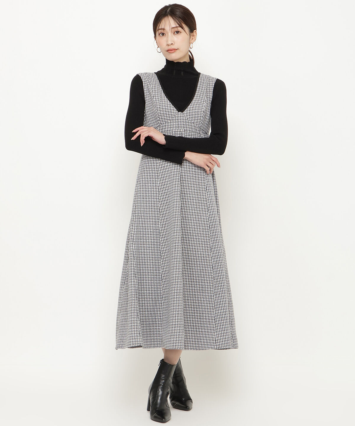 アンドクチュール「ラメツイードVネックジャンスカ」|ジャンパースカート|