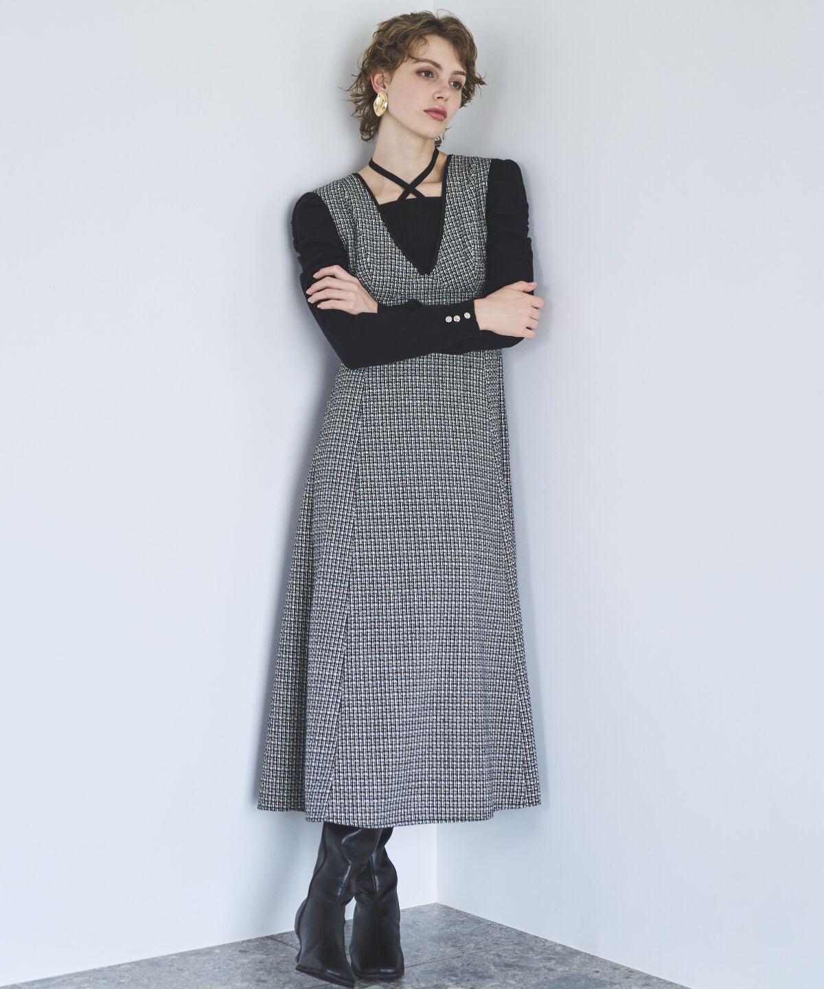 アンドクチュール「ラメツイードVネックジャンスカ」|ジャンパースカート|