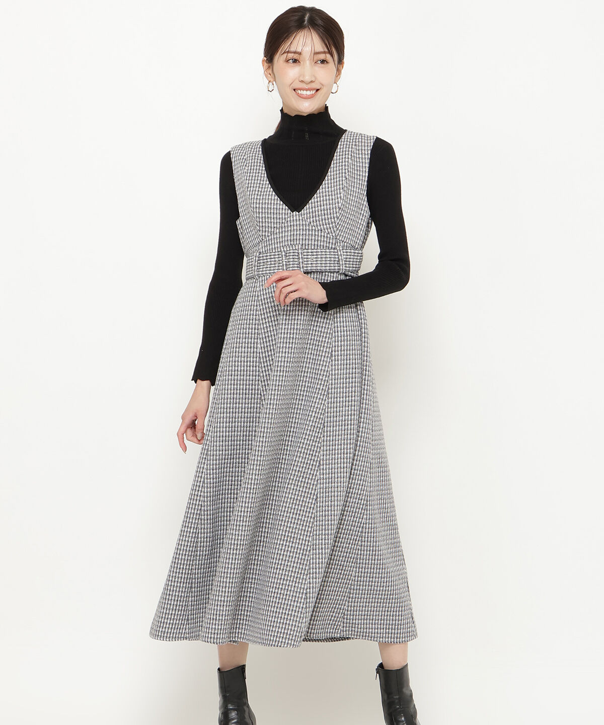 アンドクチュール「ラメツイードVネックジャンスカ」|ジャンパースカート|