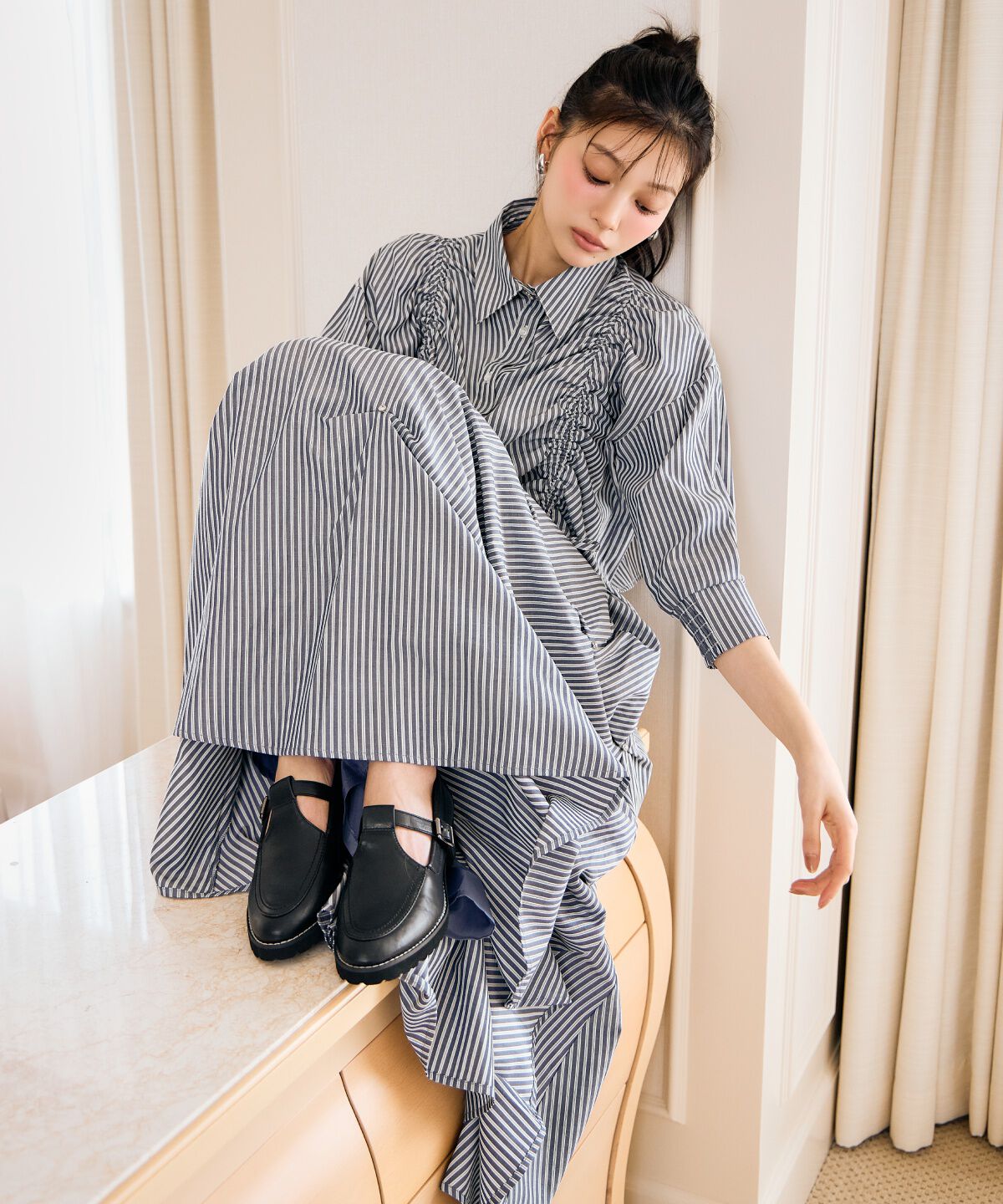 アンドクチュール「ストライプビジューティアードスカート」|フレア|