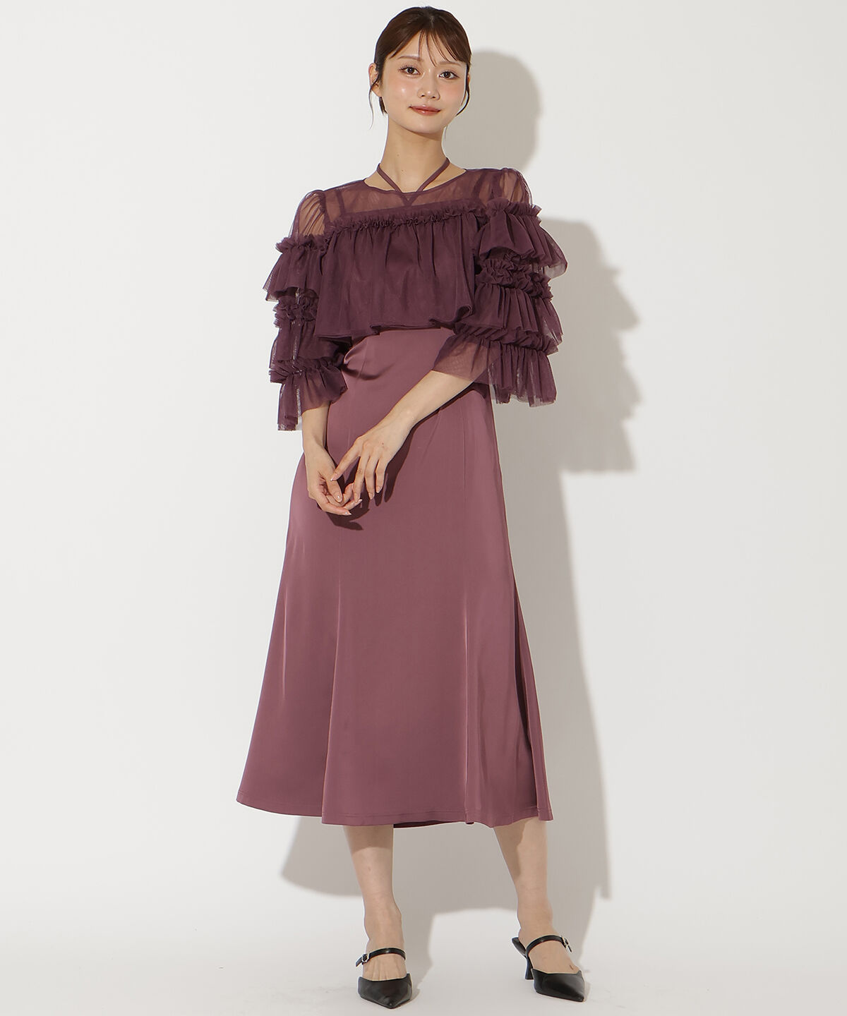 アンドクチュール「ティアードスリーブレイヤードドレス」|ドレス|ボルドー