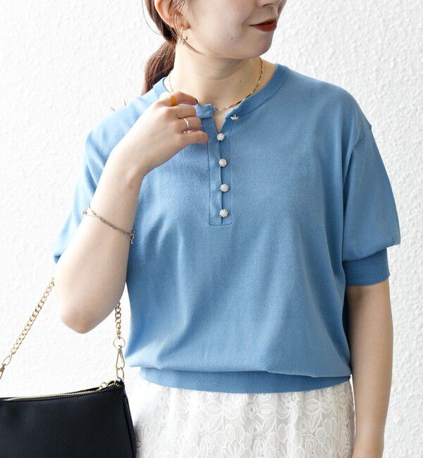 SHIPS any「SHIPS any:〈接触冷感/手洗い可能〉ビジュー ヘンリーネック ニット プルオーバー」|ニット・セーター|