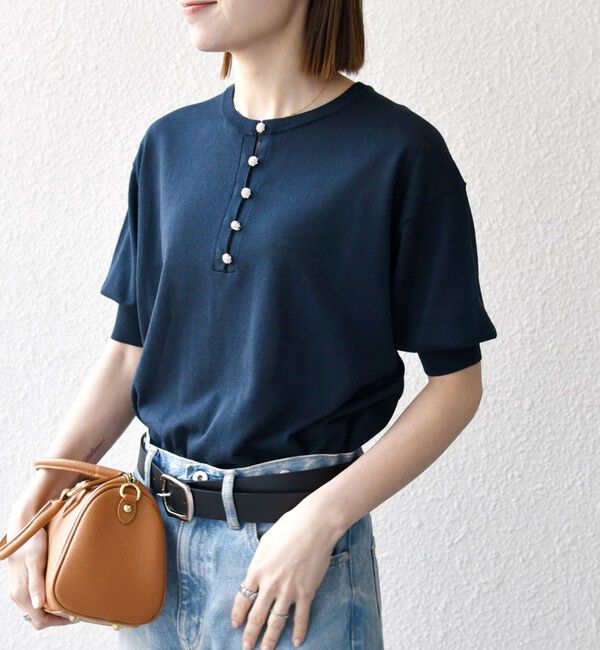 SHIPS any「SHIPS any:〈接触冷感/手洗い可能〉ビジュー ヘンリーネック ニット プルオーバー」|ニット・セーター|