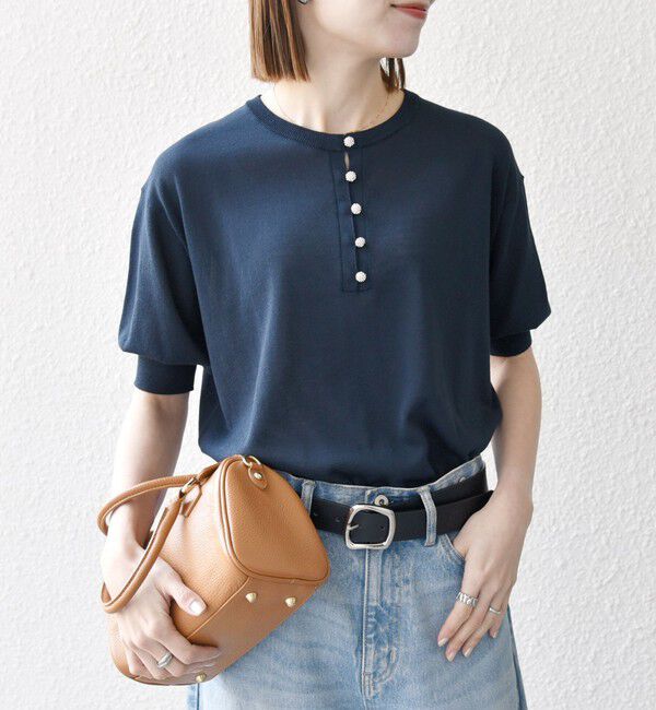 SHIPS any「SHIPS any:〈接触冷感/手洗い可能〉ビジュー ヘンリーネック ニット プルオーバー」|ニット・セーター|