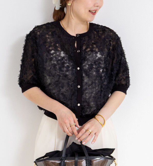 NOLLEY'S「《手洗い可能》シフォン刺繍生地クルーネックカーディガン」|カーディガン|ブラック