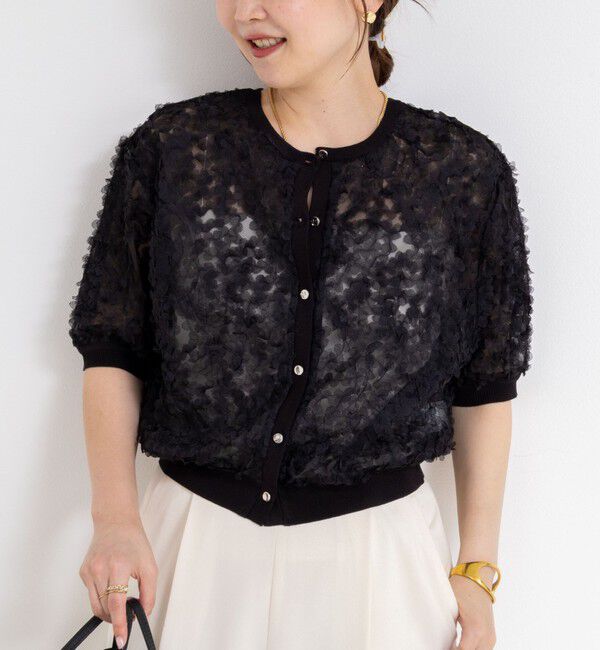 NOLLEY'S「《手洗い可能》シフォン刺繍生地クルーネックカーディガン」|カーディガン|