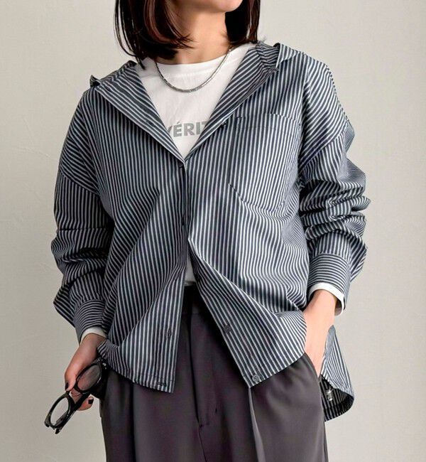 fredy emue「ストライプフーディーシャツ」|シャツ・ブラウス|グレー系その他