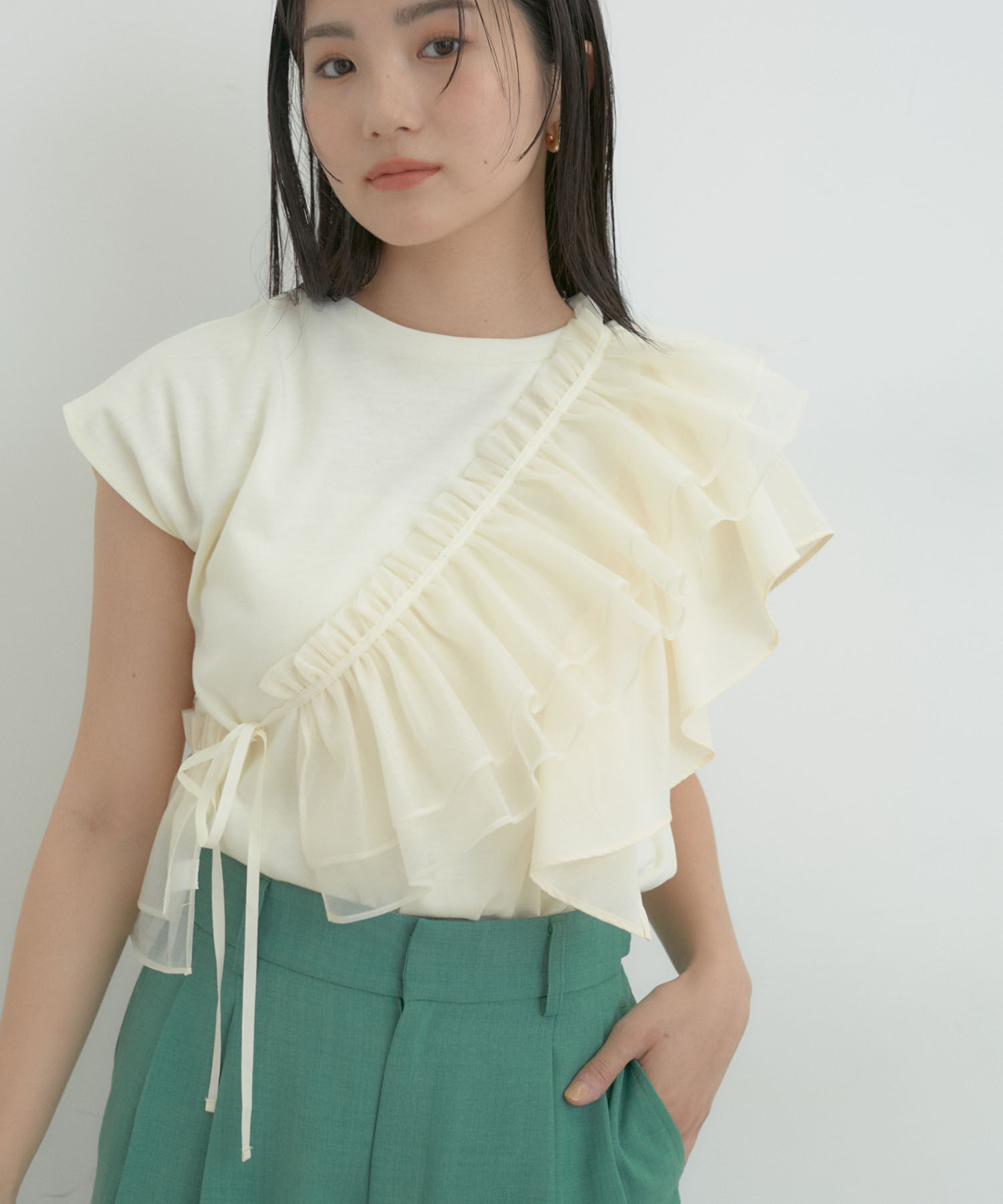 VIS「【SET】サッシュ付きフリルドッキングプルオーバー」|Tシャツ・カットソー|ホワイト(10)