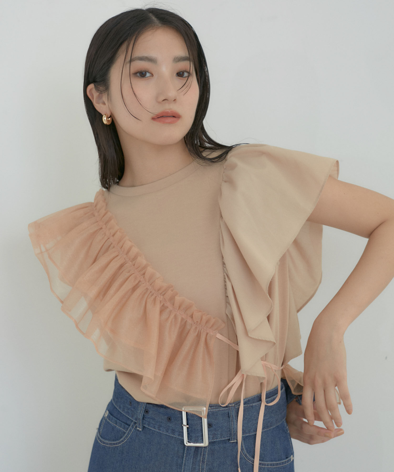 VIS「【SET】サッシュ付きフリルドッキングプルオーバー」|Tシャツ・カットソー|ベージュ(27)