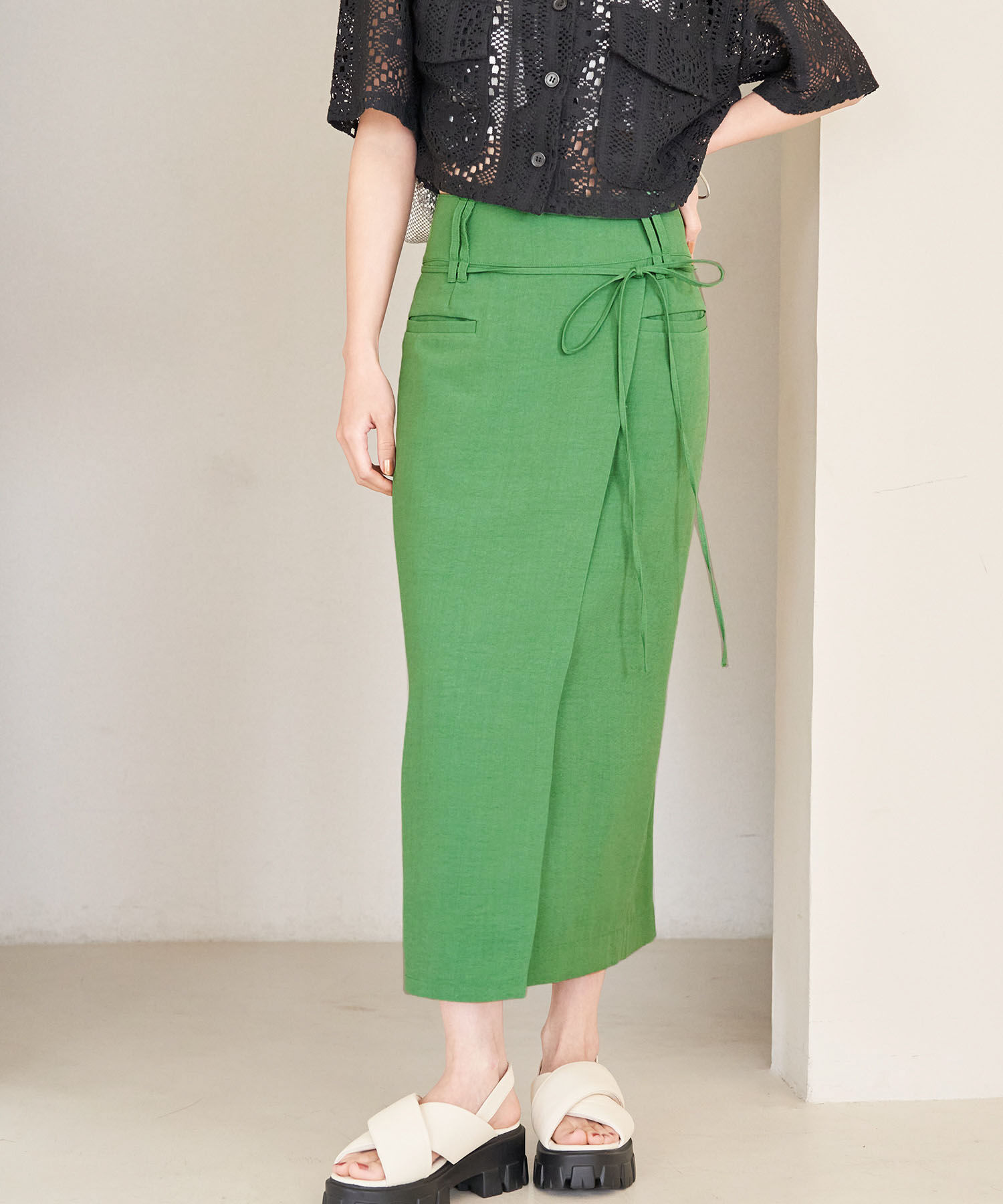 VIS「【接触冷感・洗える】美easyリネンライクベルト付き Iラインスカート」|スカート|