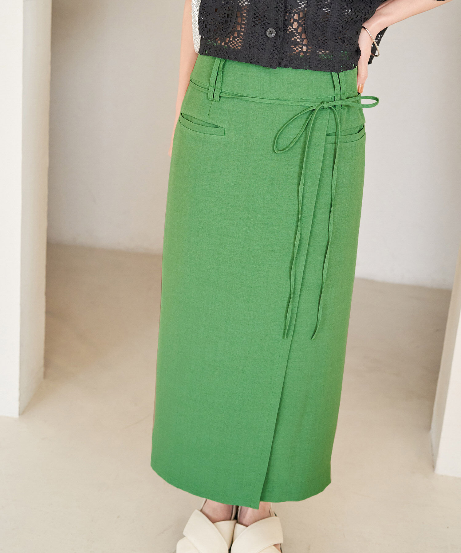 VIS「【接触冷感・洗える】美easyリネンライクベルト付き Iラインスカート」|スカート|
