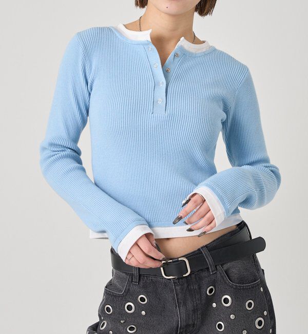  「【WEB限定カラーあり】LAYERED HENLEY KINT」|ニット・セーター|スカイブルー