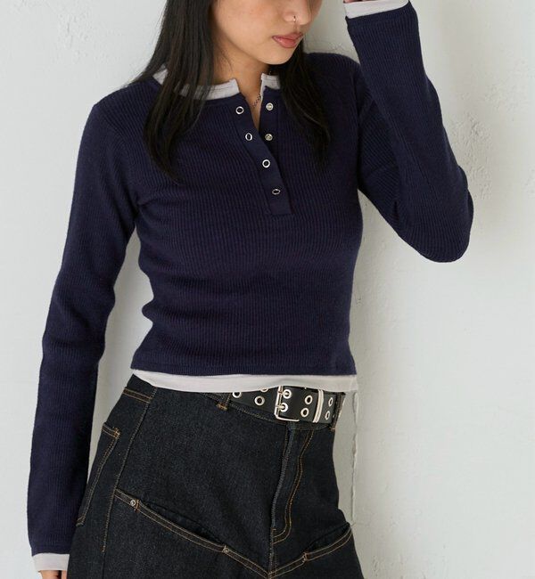  「【WEB限定カラーあり】LAYERED HENLEY KINT」|ニット・セーター|ネイビー