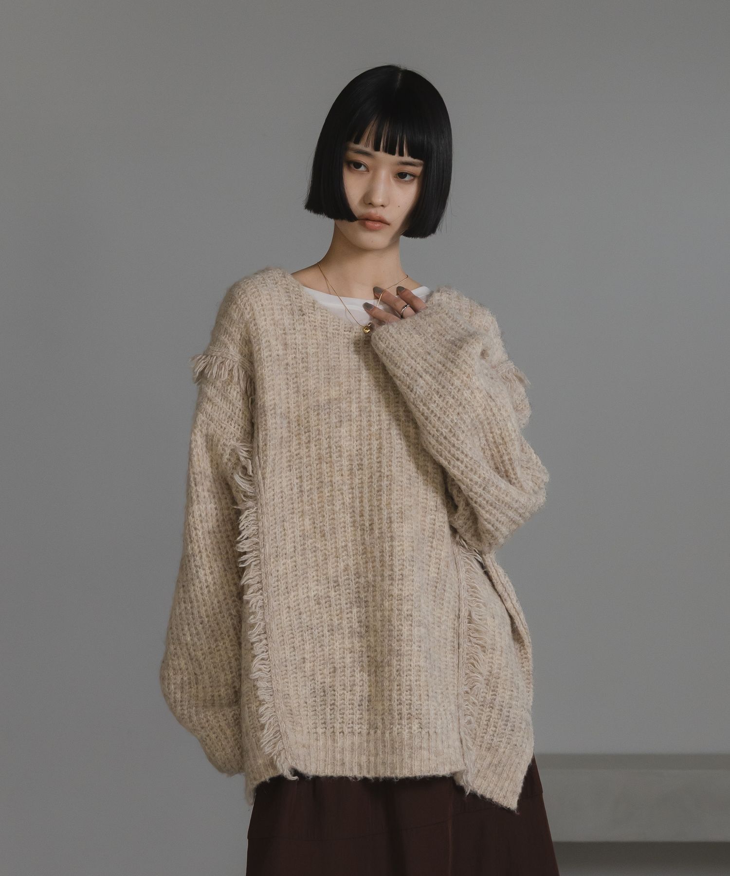 LOWRYS FARM「2WAYフリンジメランジLS」|ニット・セーター|