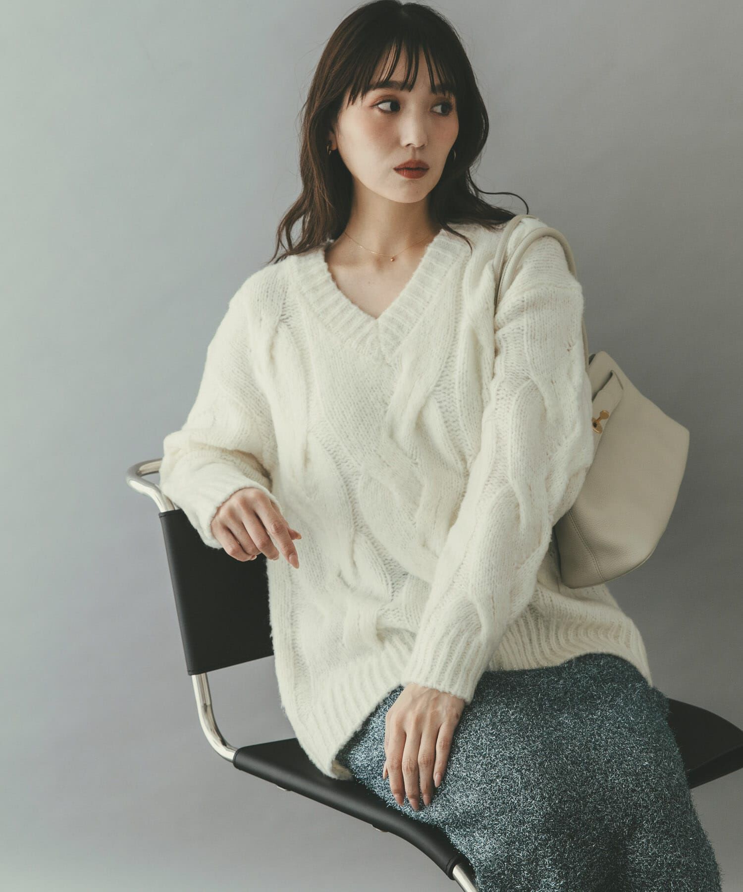 URBAN RESEARCH ROSSO「ウールカシミヤケーブル編オーバーニット」|ニット・セーター|オフホワイト