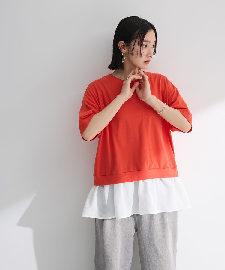 Green Parks「裾フリルドッキング5分袖プルオーバー」|Tシャツ・カットソー|