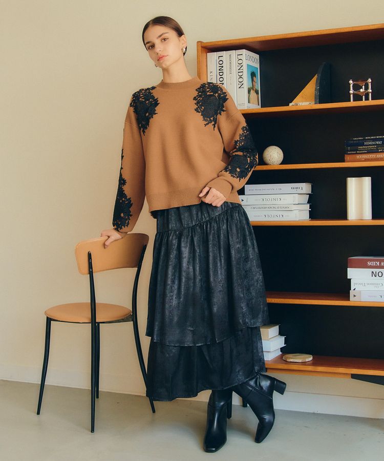 YECCA VECCA「ラメティアードギャザースカート」|フレア|Black