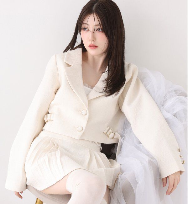  「【premiumorder】サイドベルトツイードショートジャケット」|ダウンベスト・ベスト|