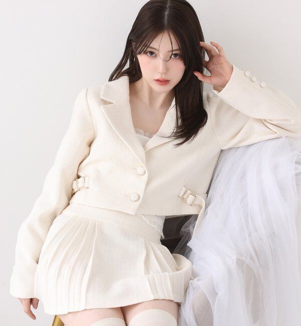  「【premiumorder】サイドベルトツイードショートジャケット」|ダウンベスト・ベスト|