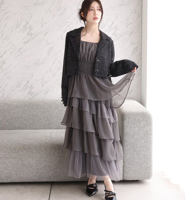  「【premiumorder】サイドベルトツイードショートジャケット」|ダウンベスト・ベスト|