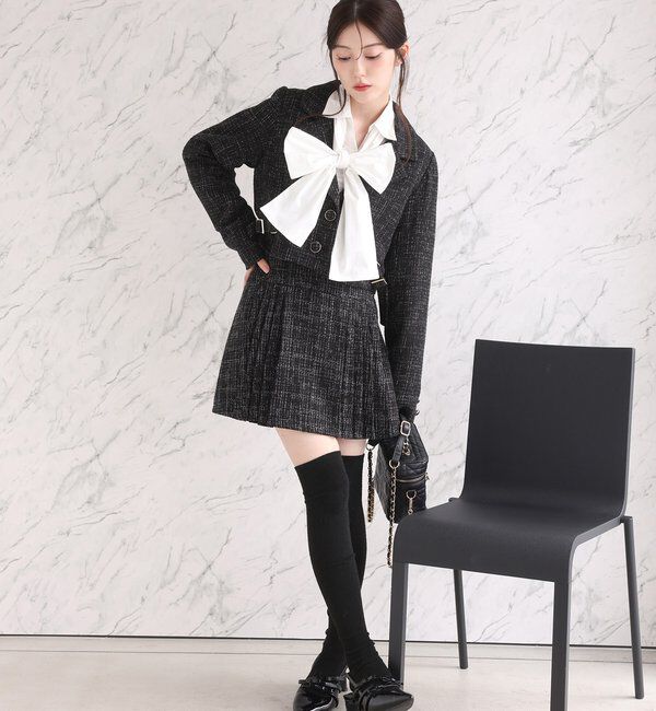  「【premiumorder】サイドベルトツイードショートジャケット」|ダウンベスト・ベスト|