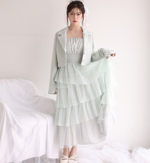  「【premiumorder】サイドベルトツイードショートジャケット」|ダウンベスト・ベスト|