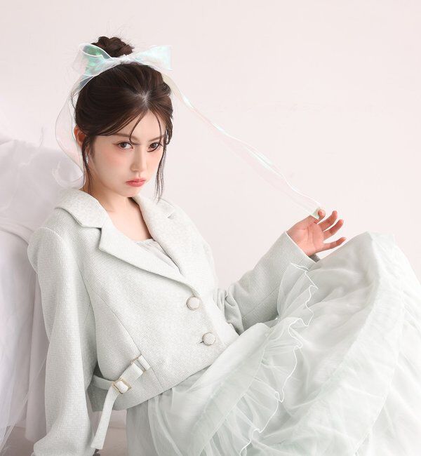  「【premiumorder】サイドベルトツイードショートジャケット」|ダウンベスト・ベスト|