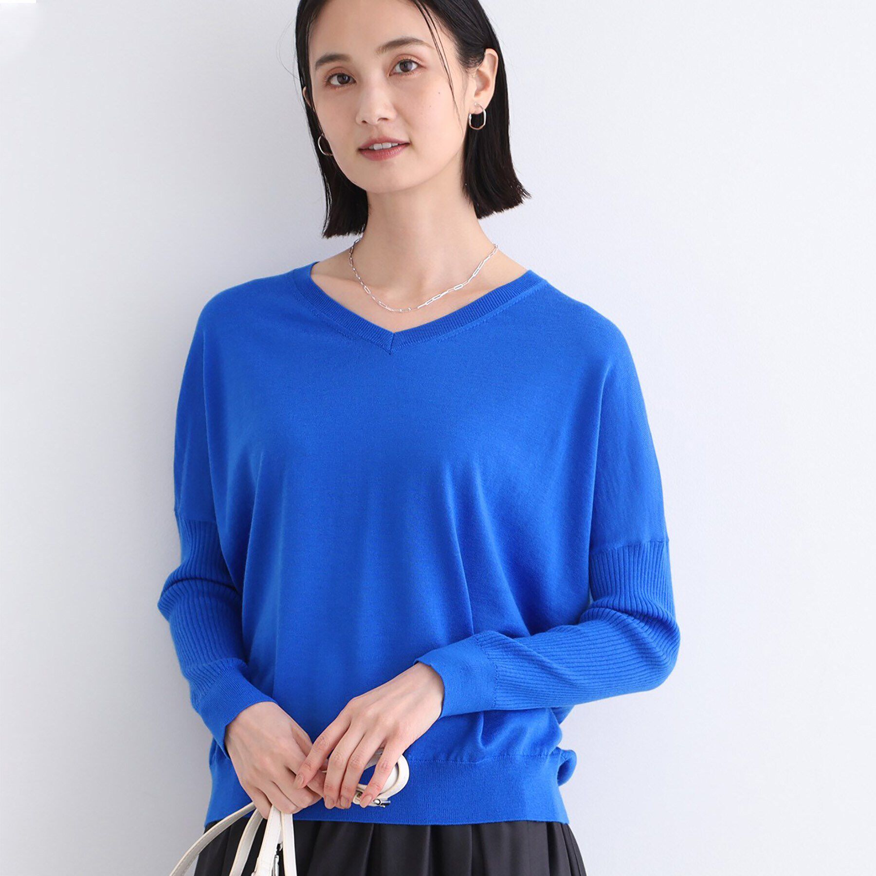 INDIVI「【ウール混】リブスリーブコンパクトニット」|ニット・セーター|ブルー(092)