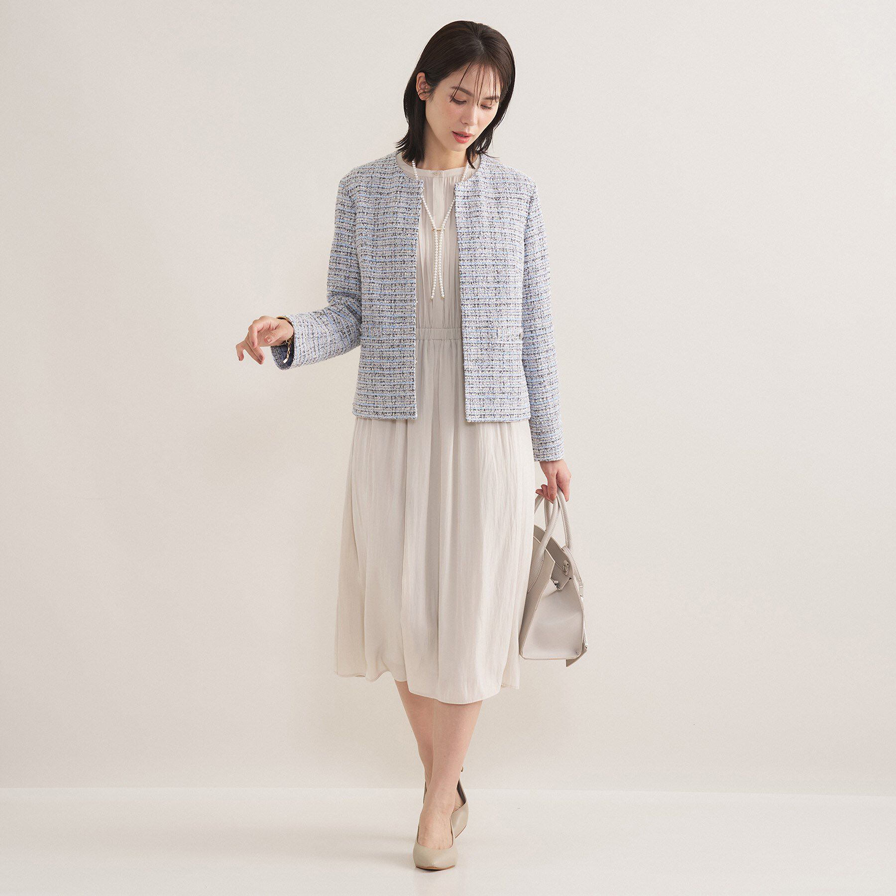 INDIVI「【セレモニー／洗える】ミックスツイードライトジャケット」|ノーカラージャケット|
