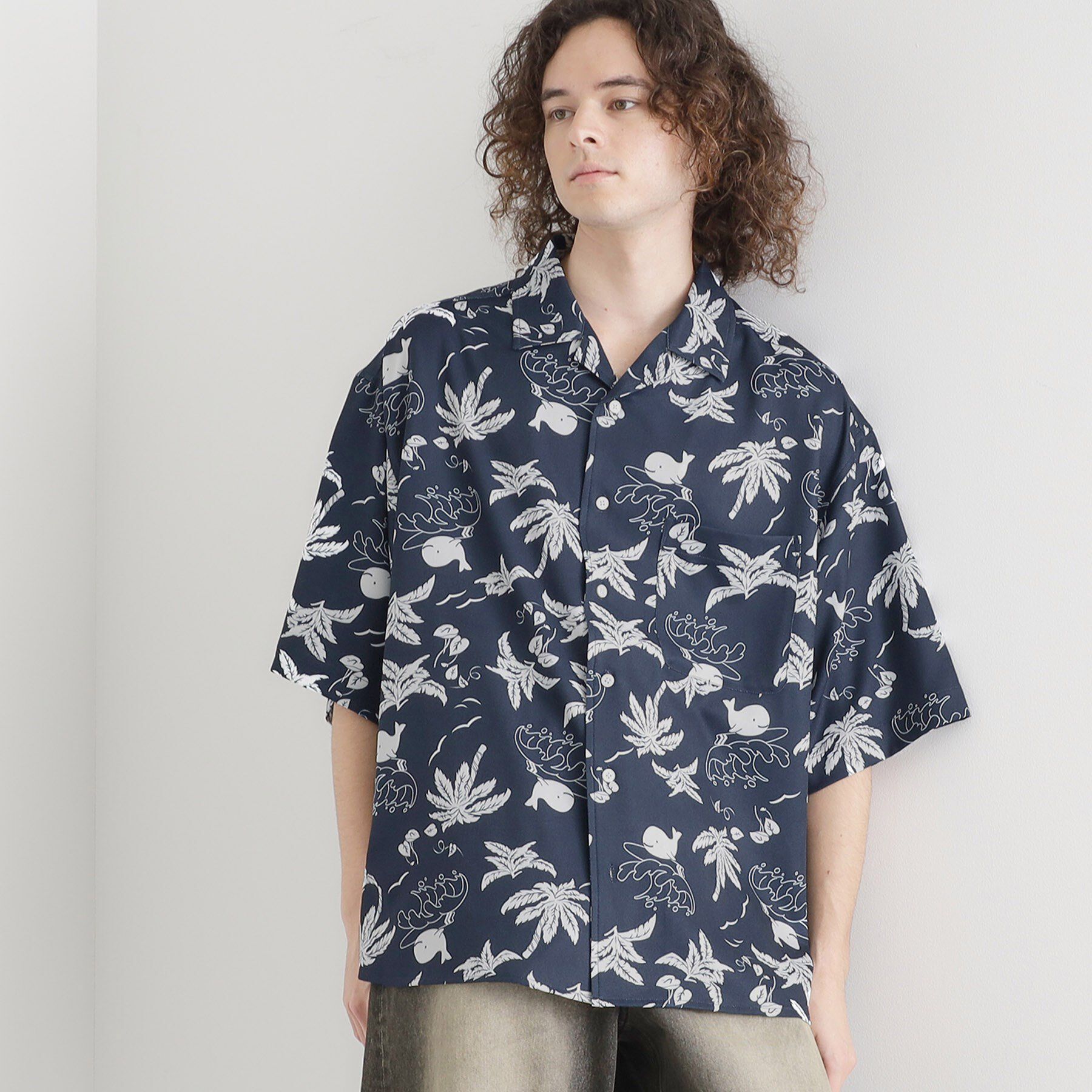 tk.TAKEO KIKUCHI「梨地クジラ柄オープンカラーシャツ」|シャツ・ブラウス|ネイビー(494)