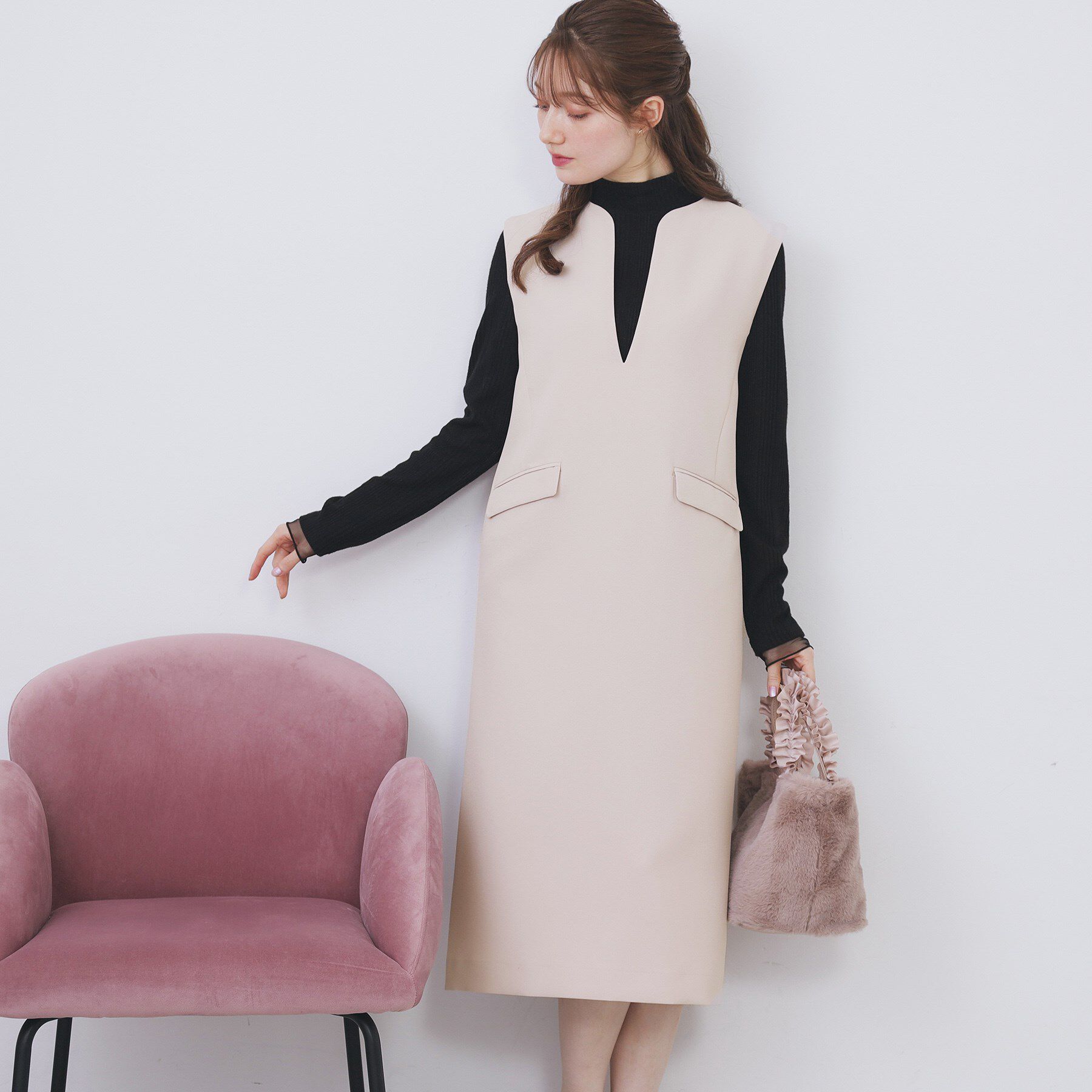 index「キーネックジャンスカ【洗濯機OK/防シワ/イージーアイロン】」|ワンピース|