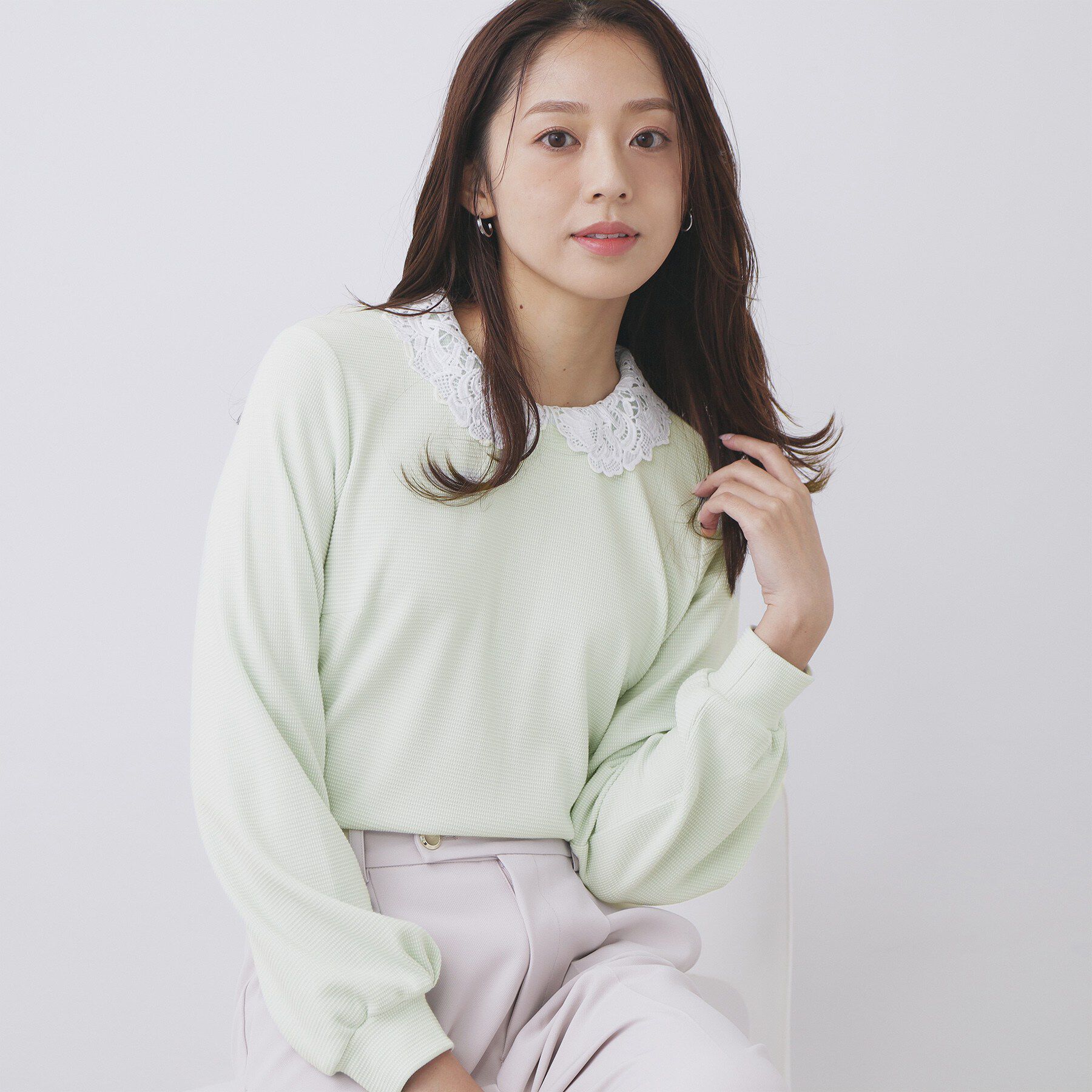 index「レース衿付きピケジャージトップス【洗濯機OK】」|Tシャツ・カットソー|ミントグリーン(02