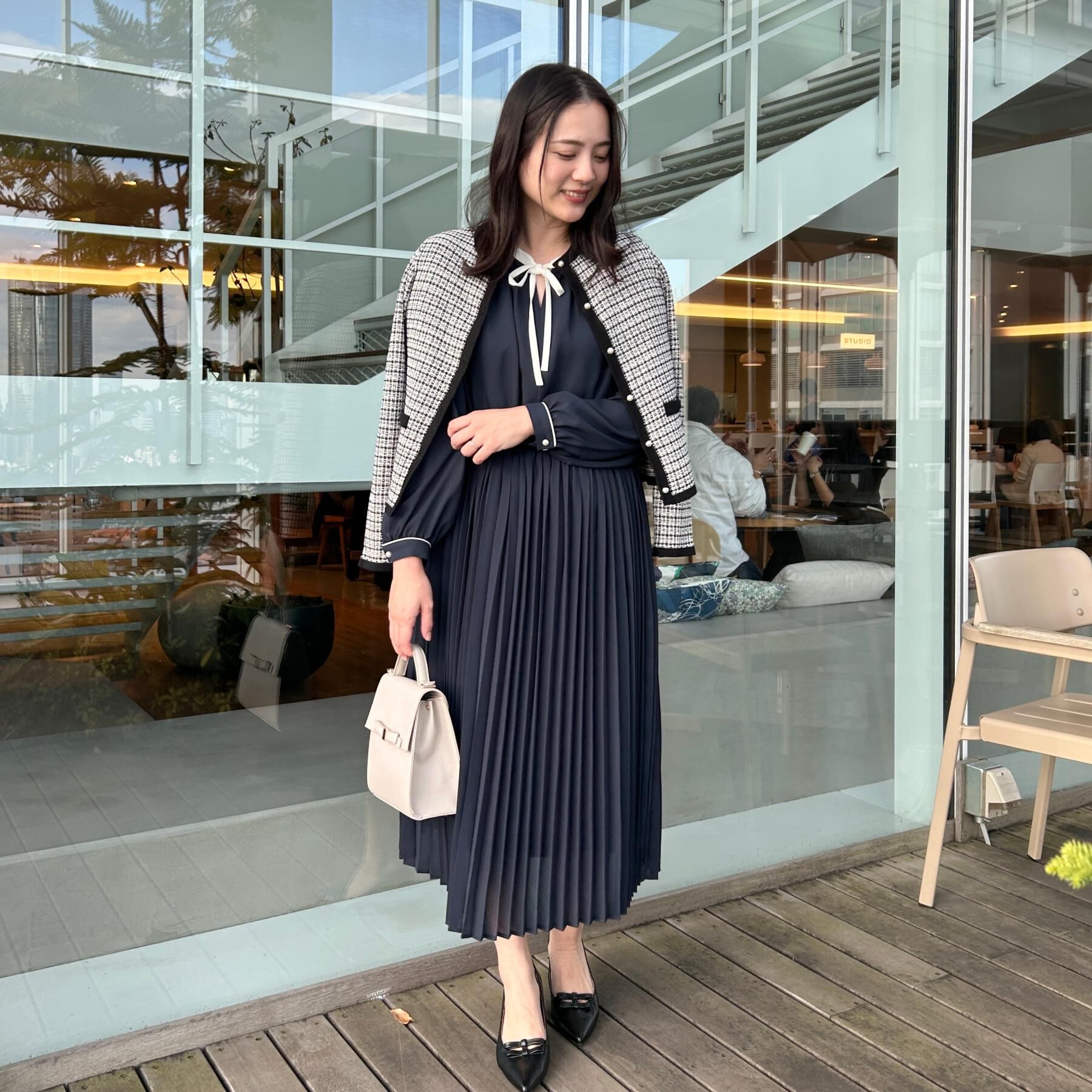 Couture broach「【ハレの日・通勤】配色シフォンプリーツ ワンピース」|ワンピース|