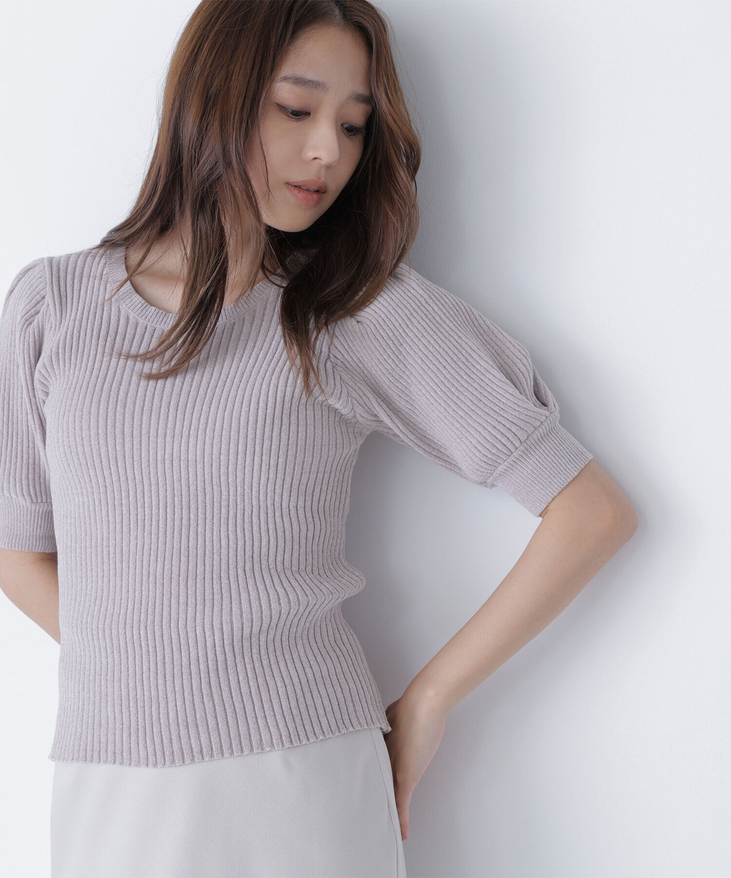  「ギャザースリーブモールニット」|ニット・セーター|グレージュ3