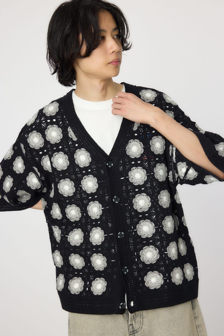RODEO CROWNS「クロシェフラワー半袖ニットカーディガン」|カーディガン|BLK