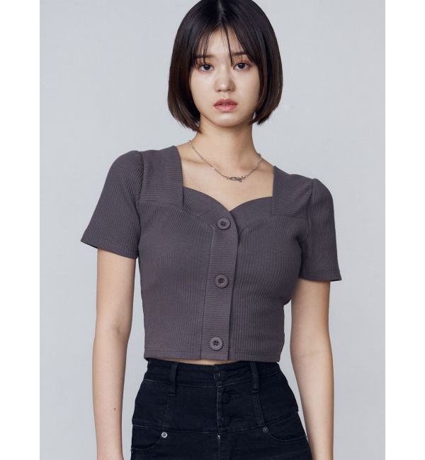 EMODA「フロントボタンショートリブトップ」|Tシャツ・カットソー|グレー