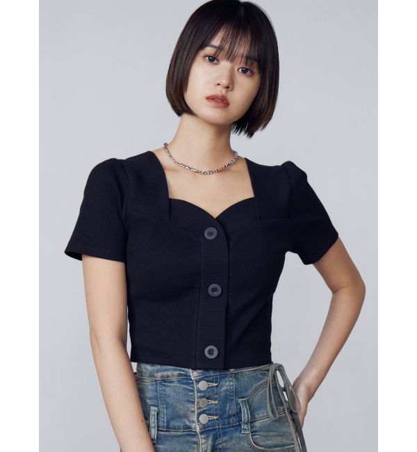 EMODA「フロントボタンショートリブトップ」|Tシャツ・カットソー|ブラック