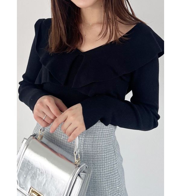 MERCURYDUO「2WAYフォールドラッフルロングスリーブニット」|ニット・セーター|ブラック