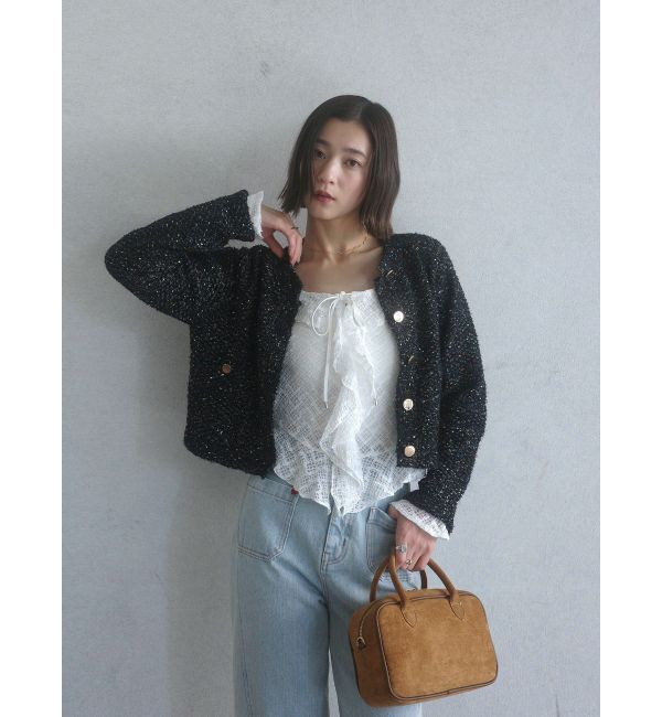 LAGUNAMOON「ミックスヤーンノーカラーニットカーディガン」|カーディガン|