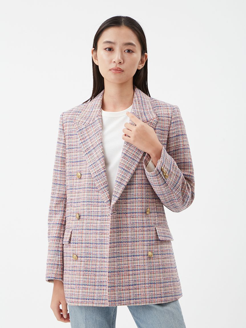 Mila Owen「金釦ダブルブレストツイードロングブレザー」|テーラードジャケット|